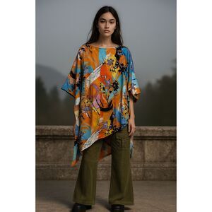 158C Asymmetrical Hem 3/4 Sleeve Abstract and Floral Print Tunic XL